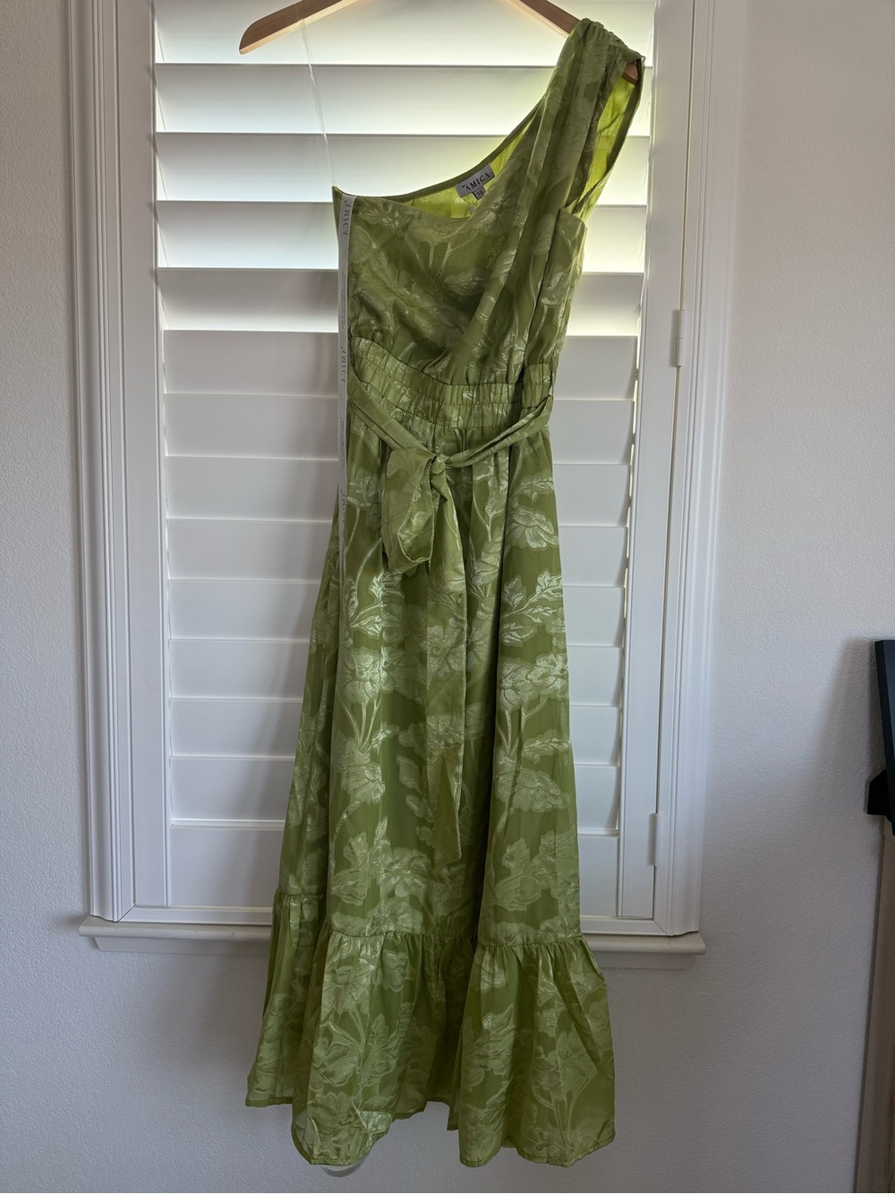 One-Shoulder Green Floral Midi Dress with Tie Waist NWT